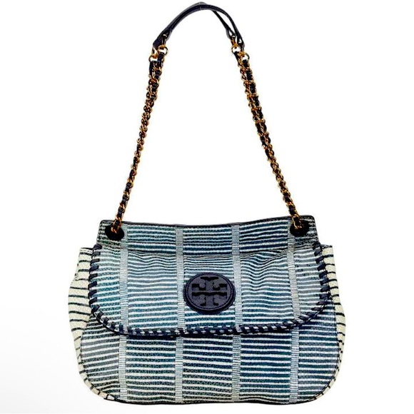 Tory Burch Logo Python Embossed Leather Shoulder Bag Blue - Picture 1 of 10